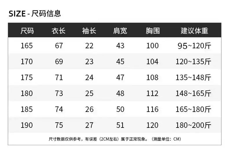 Men's polo shirt size chart with length, sleeve, shoulder and chest measurements for sizes 165-190.