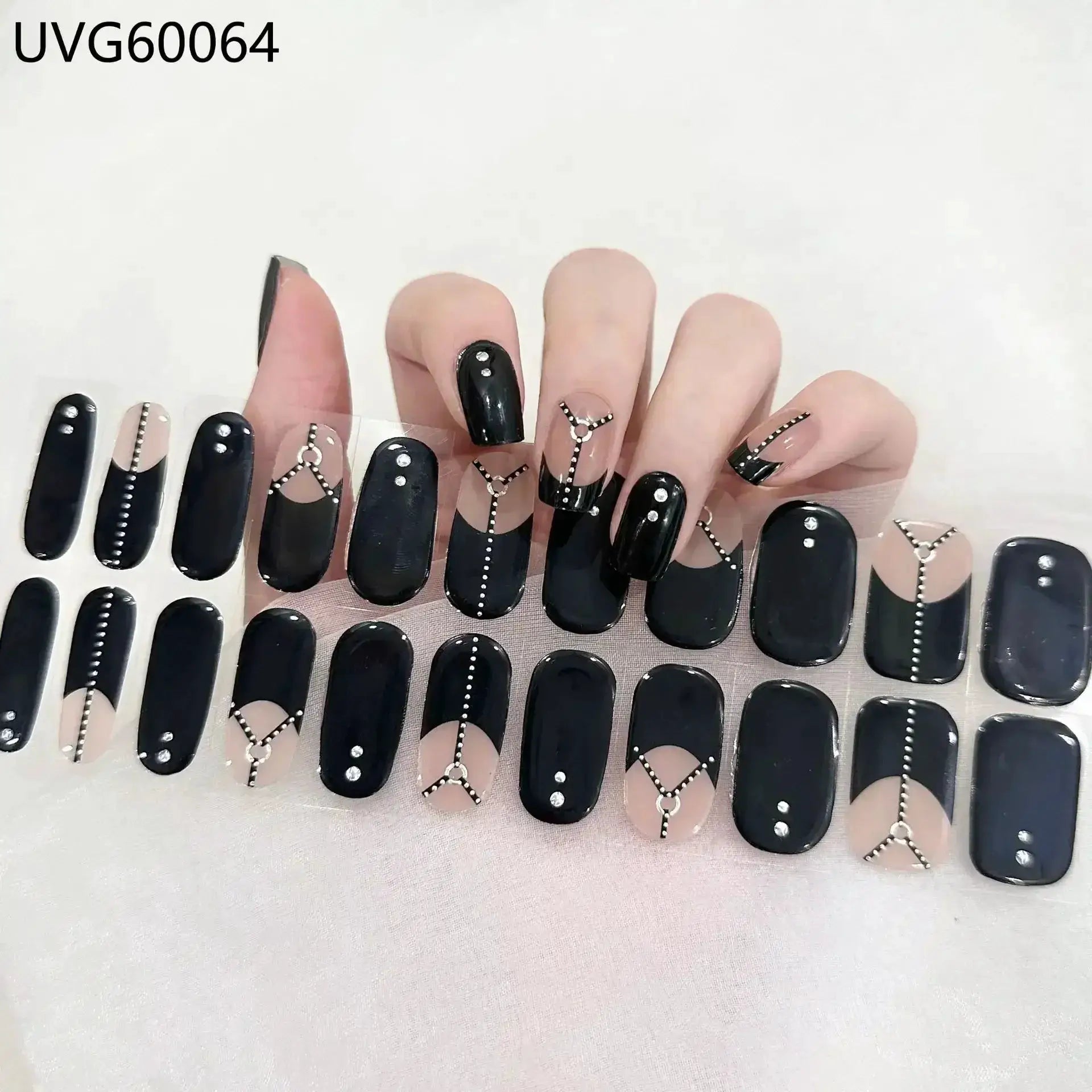 Gel nail wrap set with 16/20/22 tips; full-coverage black and nude designs with rhinestone dotted lines