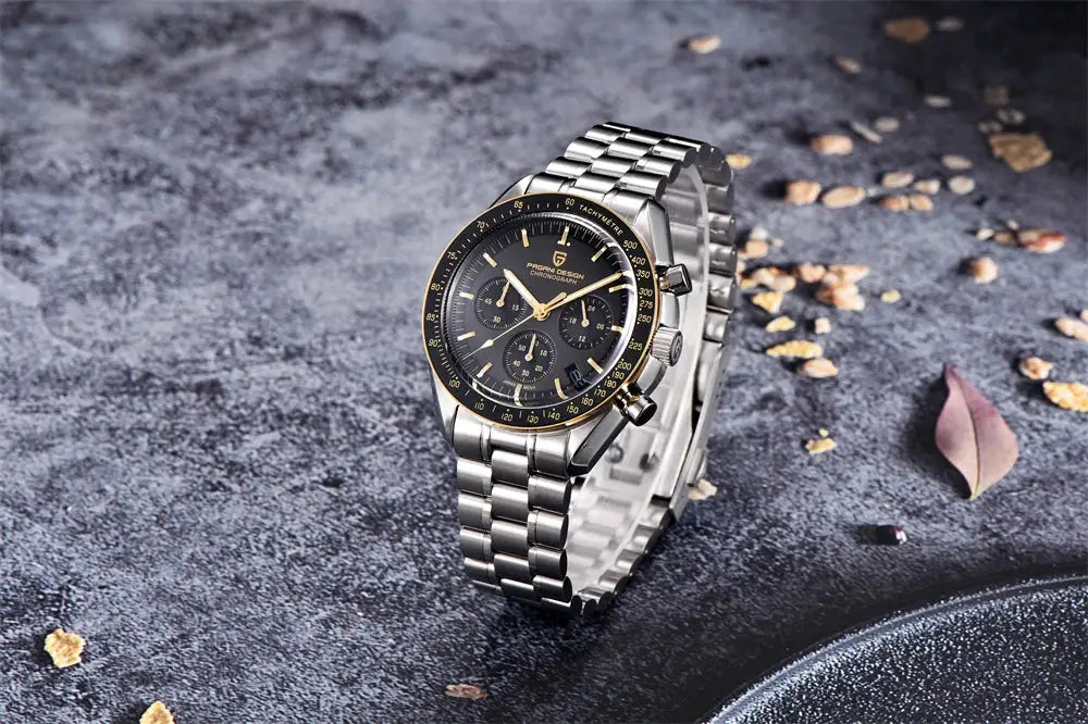 PAGANI DESIGN men's chronograph watch with stainless steel bracelet, black dial, gold bezel, three subdials