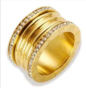 Gold Stainless Steel Ring With Round Bead And Clear Crystal Zircon Waterproof Everyday Fine Jewelry