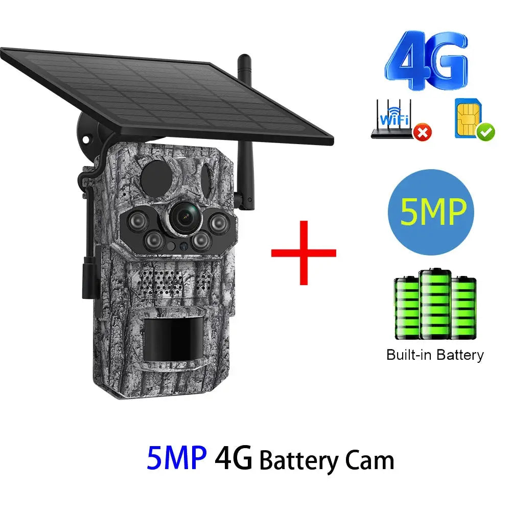 INQMEGA4G 5MP camo trail camera with solar panel and built-in battery, 4G night vision