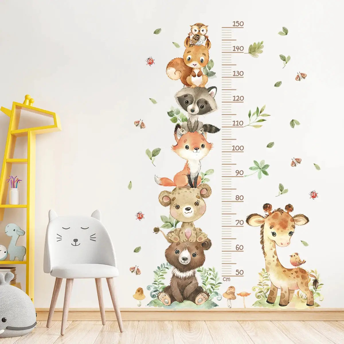 3pc cartoon animal height ruler wall stickers; waterproof removable PVC for kids' room decor by Simples Market