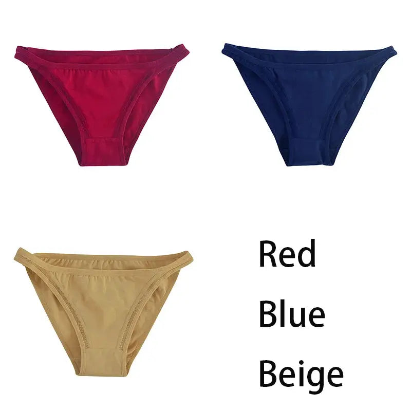 3-pack women's cotton bikini underwear in red, blue, and beige; solid colors with classic bikini cut.