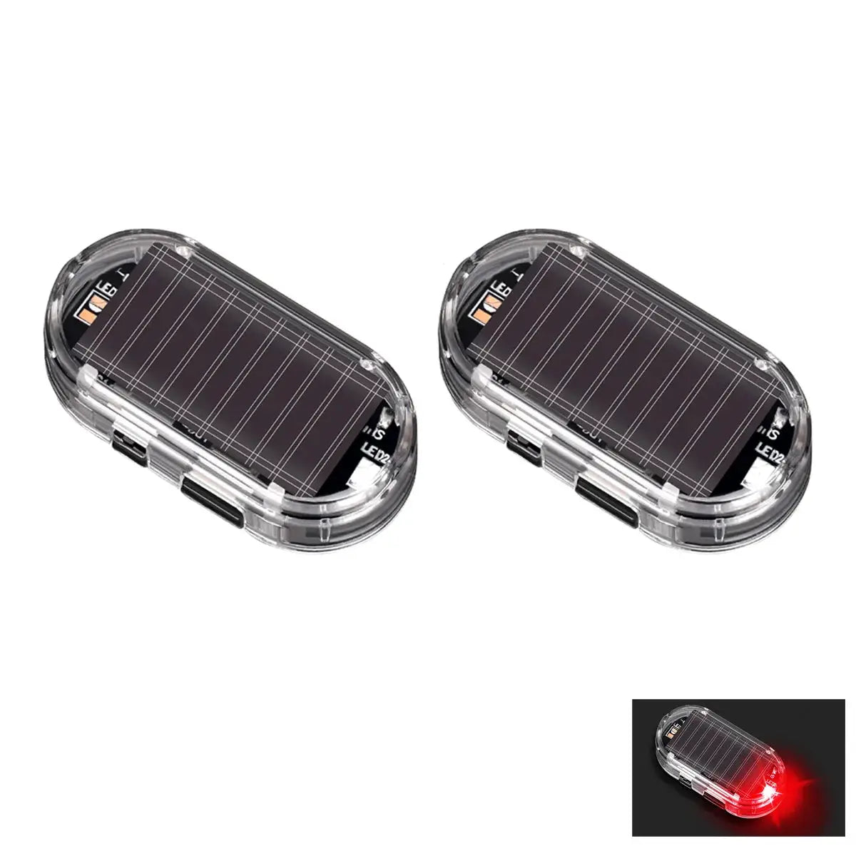 2-pack solar powered car warning lights in clear housing with solar panels and red LED flash