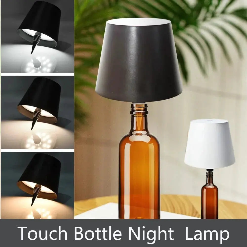 Two LED wireless bottle lamps by Simples Market; touch-activated lamps with black and white shades on brown wine bottles
