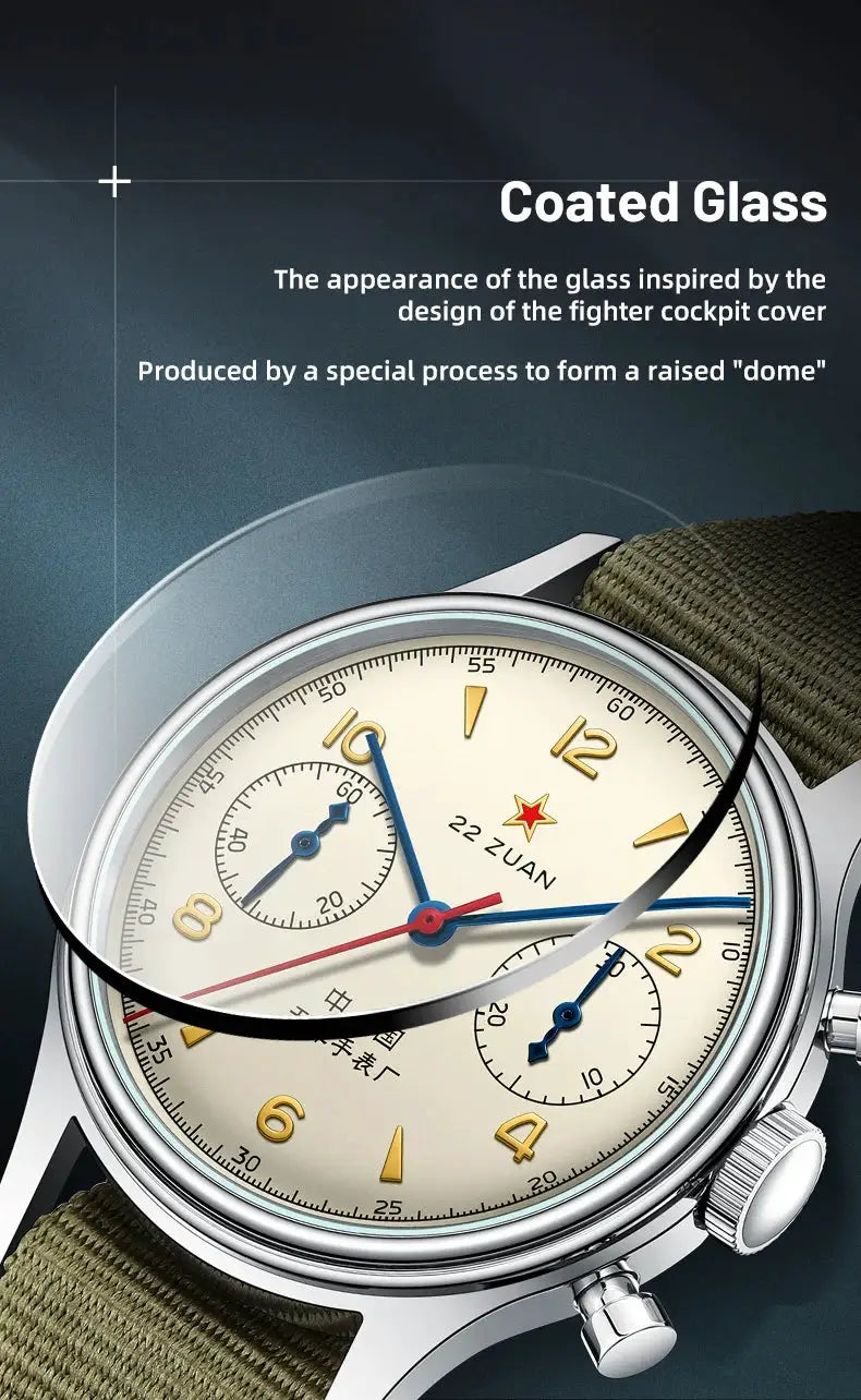 Seagull 1963 pilot chronograph watch with beige dial, gold numerals, blue hands, and olive-green strap