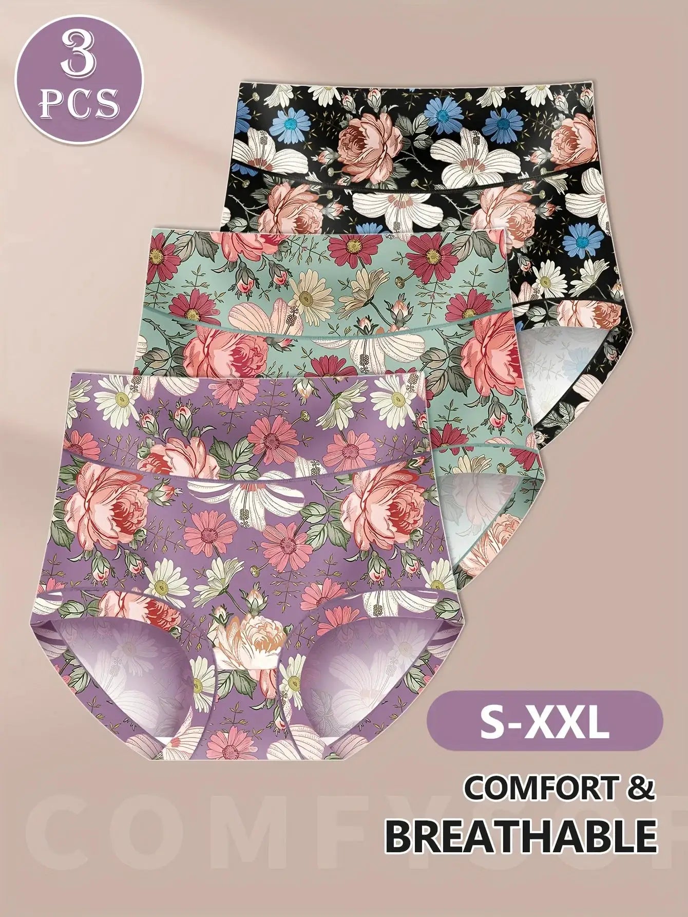 3-piece high-waisted floral panties set by Simples Market in assorted colors; comfortable and breathable.