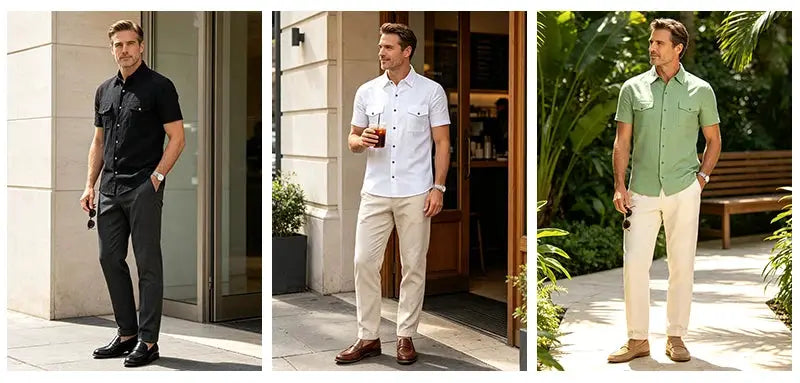 Men's linen short-sleeve button-up shirt with lapel collar and double chest pockets; three options by Simples Market.