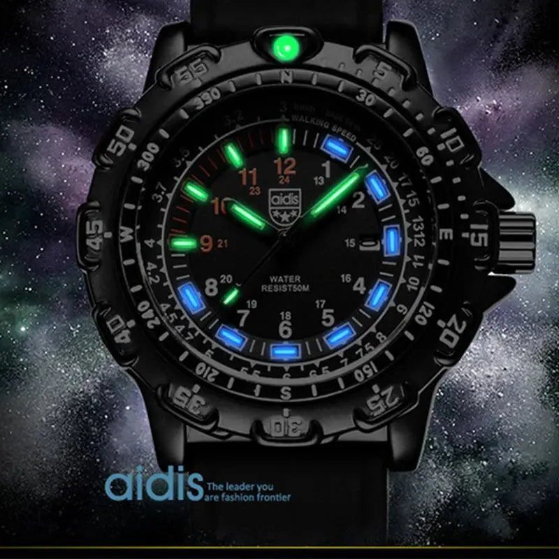 Addies military wristwatch by Simples Market with luminous green and blue markers, rugged black case, waterproof.