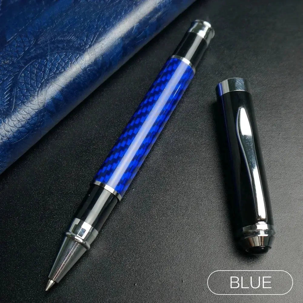 Carbon Fiber Signature Pen in blue with 0.5mm gel ink; black metal pen shown, two pens, Simples Market