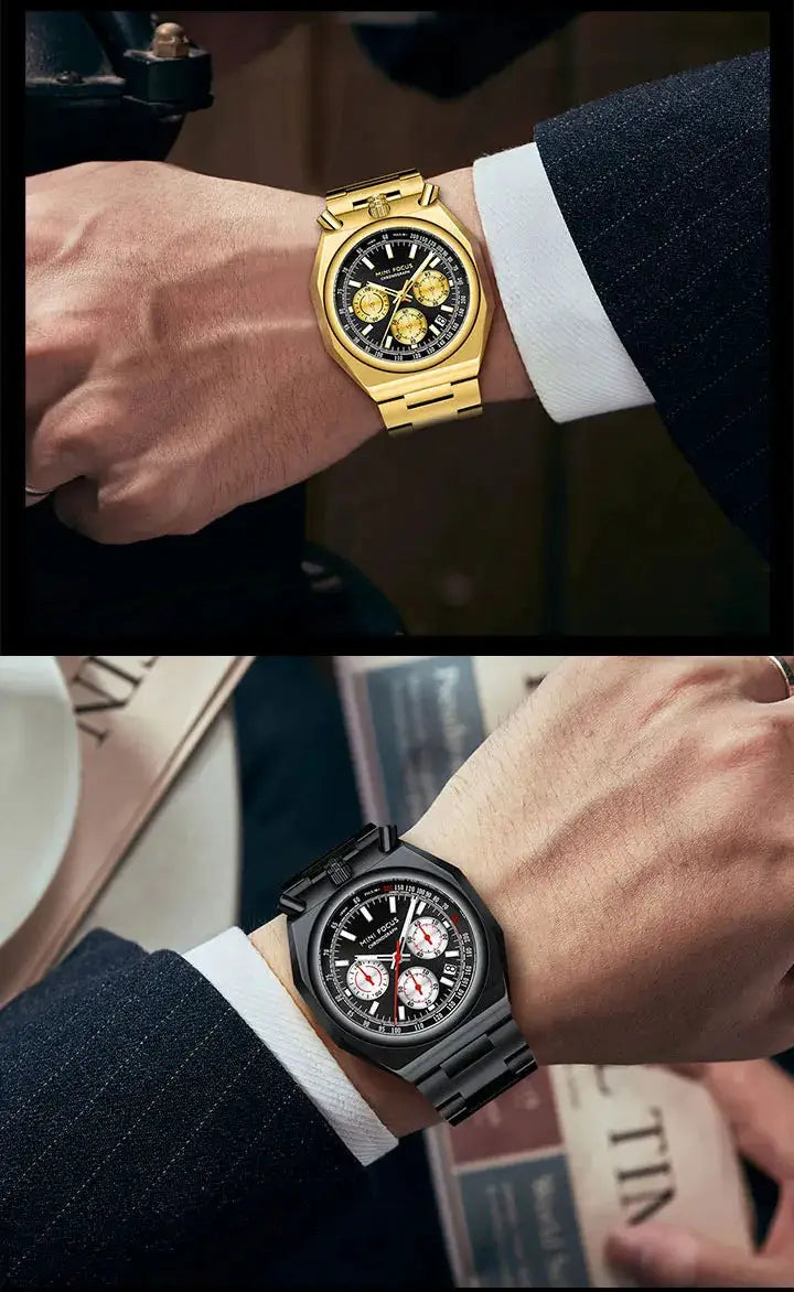 MINI FOCUS men's chronograph watches; gold and black stainless steel bands, waterproof, luminous dials, 2 watches