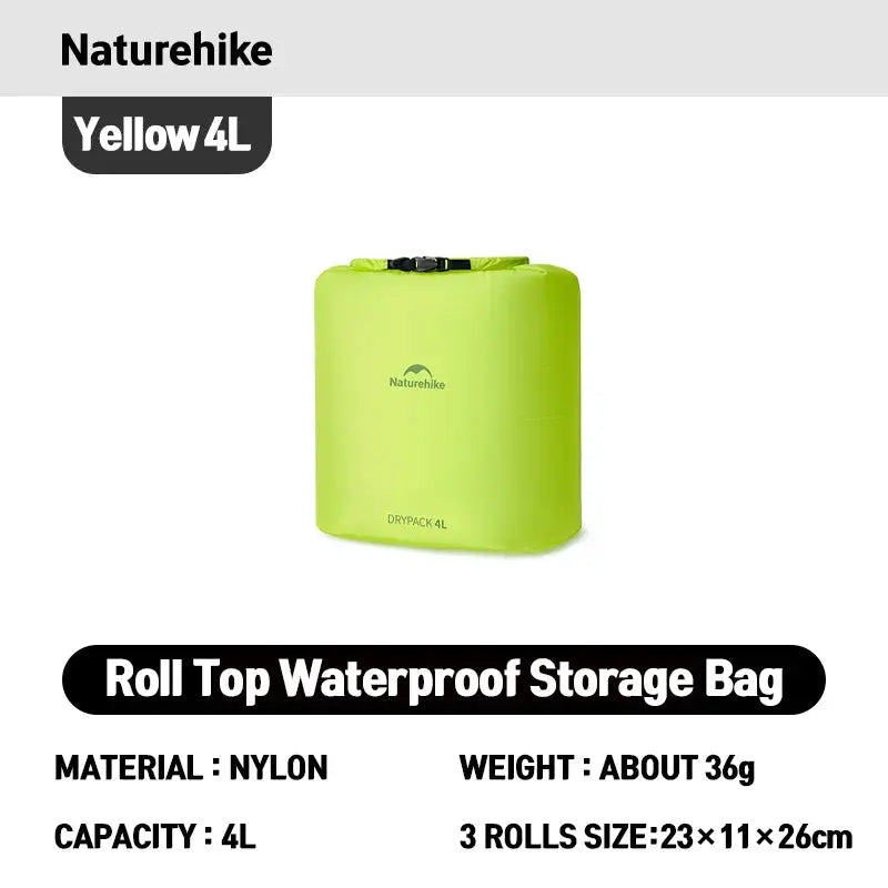 Roll-top waterproof storage bag, Naturehike, 4L nylon in neon green.