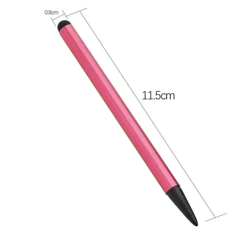 Pink universal dual-use touchscreen stylus pen, 11.5 cm long with black caps.