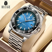 RUIGE men's stainless steel automatic watch with blue sunburst dial and black bezel