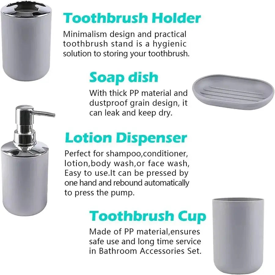 4-piece gray plastic bathroom set: toothbrush holder, toothbrush cup, soap dispenser, and soap dish