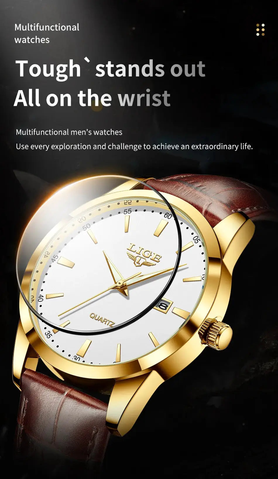 LIGE men's brown leather watch with gold-tone case and white dial