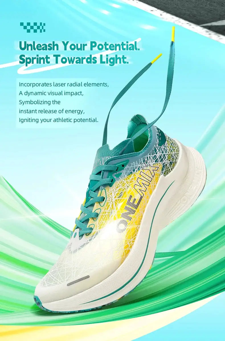ONEMIX Marathon carbon plate running shoe in teal and white with yellow accents; men's outdoor sneakers