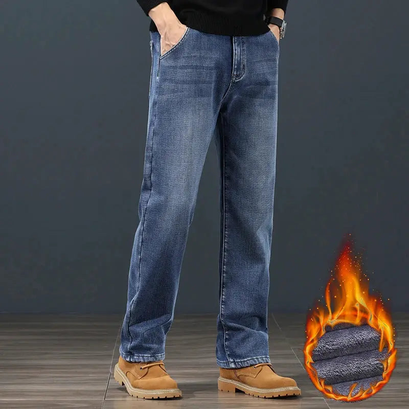 Winter Fleece Men Jeans Loose Straight Fit Warm Denim Pants 42 44