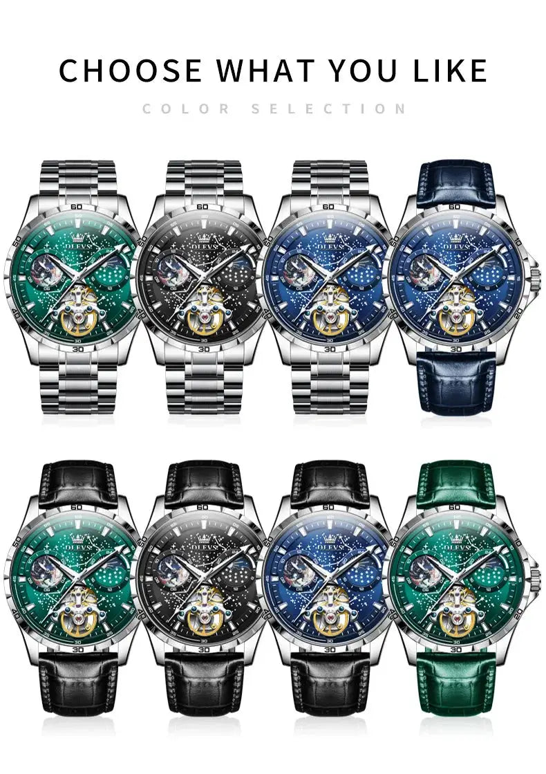 OLEVS skeleton automatic men's watch set of 8 color options with starry-sky dial, metal bracelet or leather strap