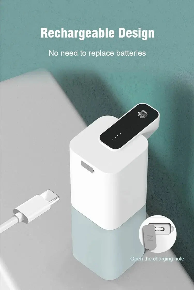 Automatic touchless liquid soap dispenser by Simples Market, rechargeable via USB, white with a black top.