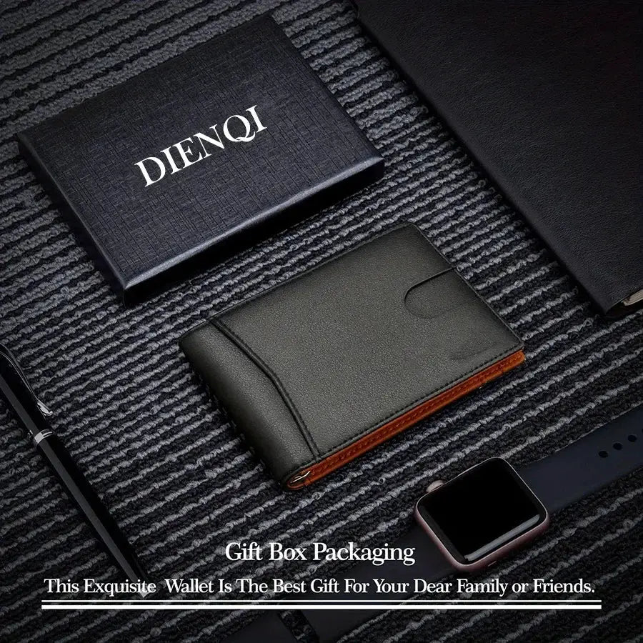 Slim black synthetic leather smart wallet for men with RFID blocking, DIENQI box