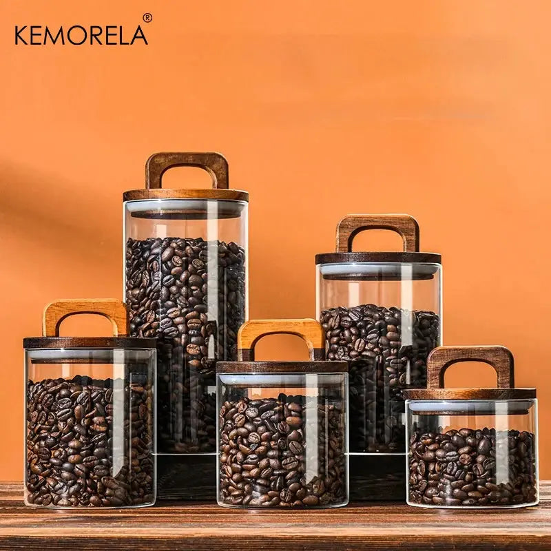 Wood Lid Glass Jar Airtight Canister For Tea Coffee Beans Grounds Candy Kitchen Storage Sealed Jar