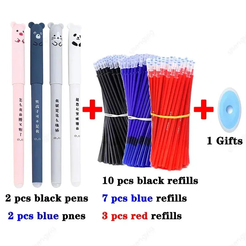 Simples Market 25-piece kawaii erasable gel pen set with bear-face pens and refills: 10 black, 7 blue, 3 red.