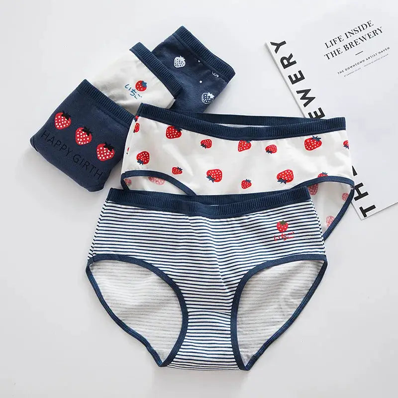 5-pack women's cotton underwear set with strawberry print and navy striped briefs by Simples Market
