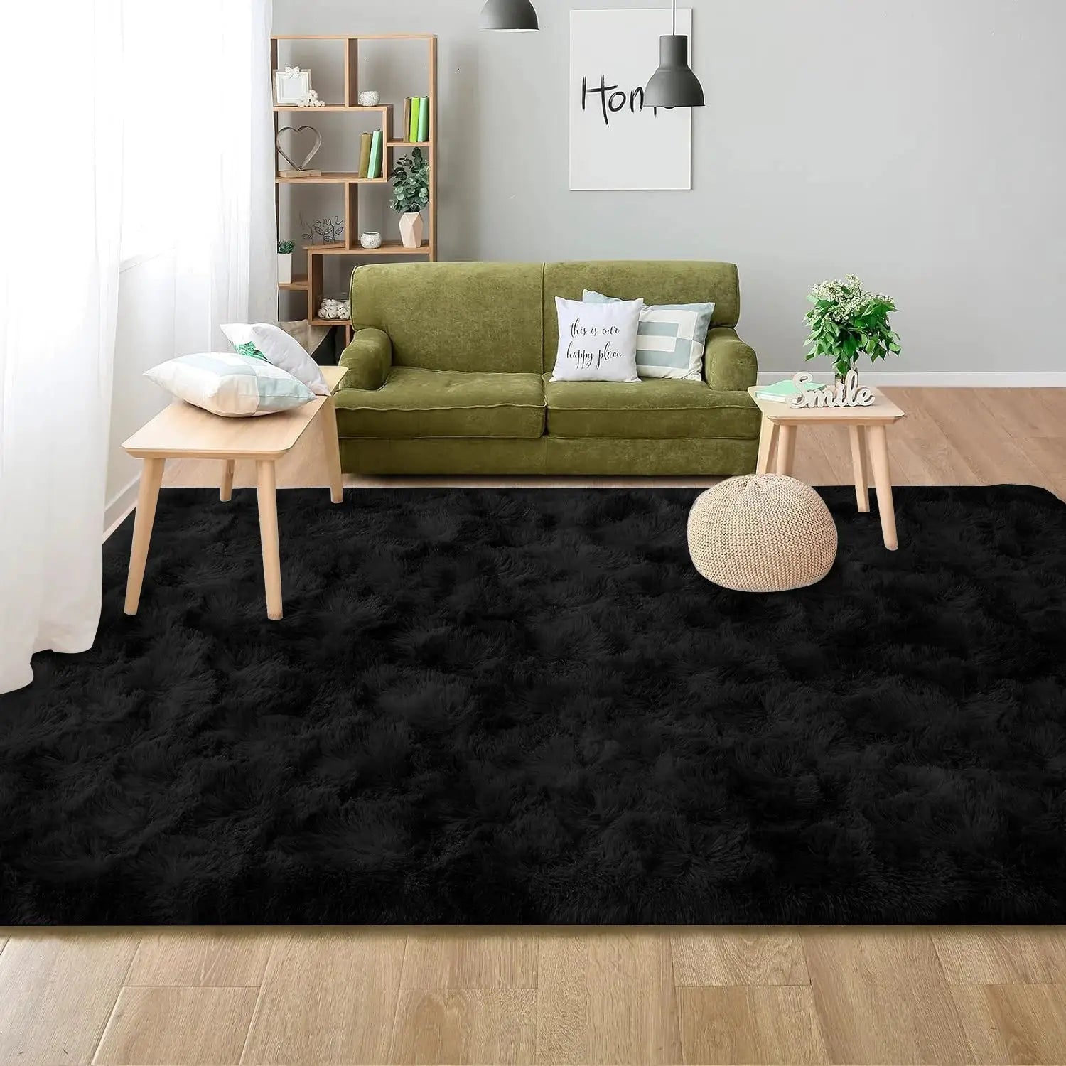 Tie-dyed shag rug, dark gray, for living room and bedroom, washable non-slip floor mat