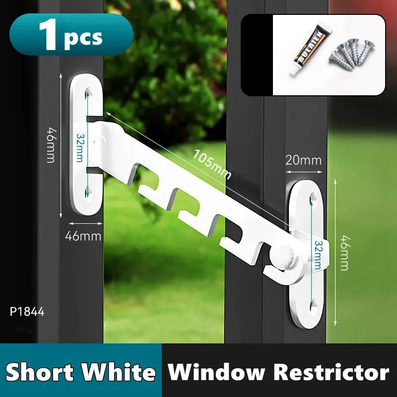 Simples Market 1-piece white window restrictor with adjustable latch bars for child safety
