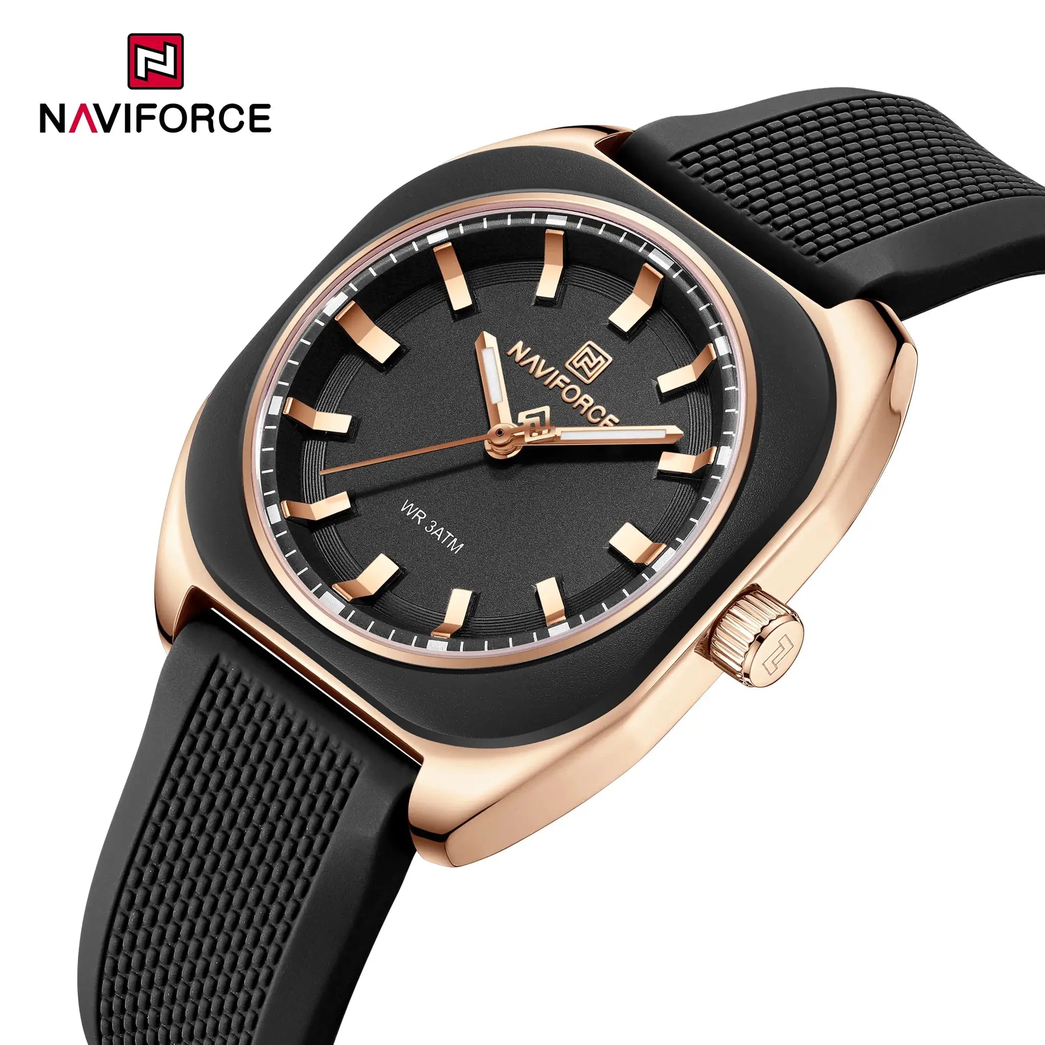 NAVIFORCE women's watch with black dial, rose-gold case, and textured silicone strap