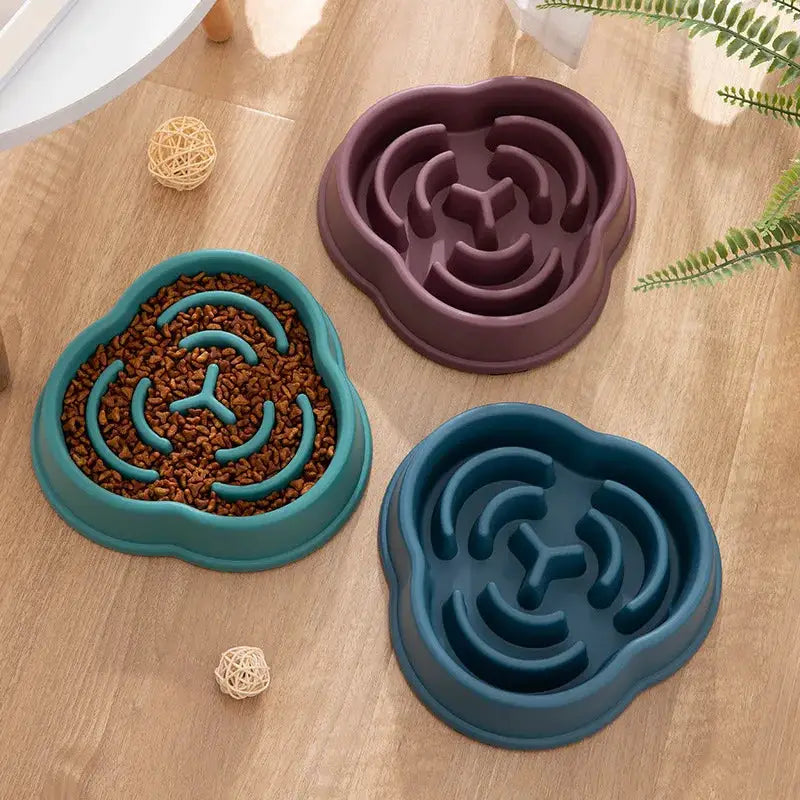 Simples Market pet slow-feeder bowls, round anti-choking design, teal, purple, blue, 3-piece set.