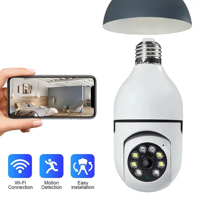 Bulb-style white surveillance camera with E27 base, wifi, 1080P HD, night vision