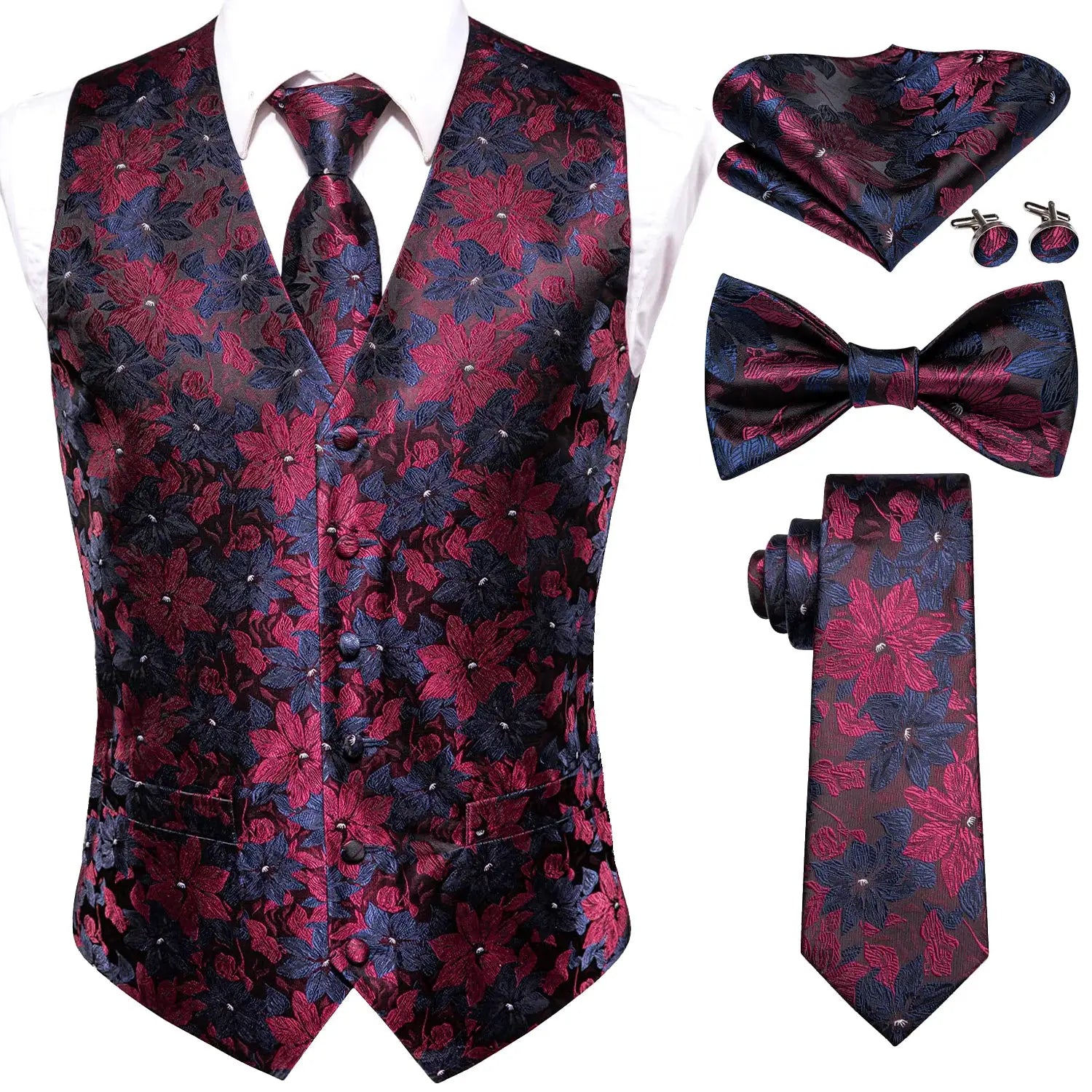 Men's floral waistcoat five-piece set with tie, bowtie, pocket square and cufflinks in red-blue pattern