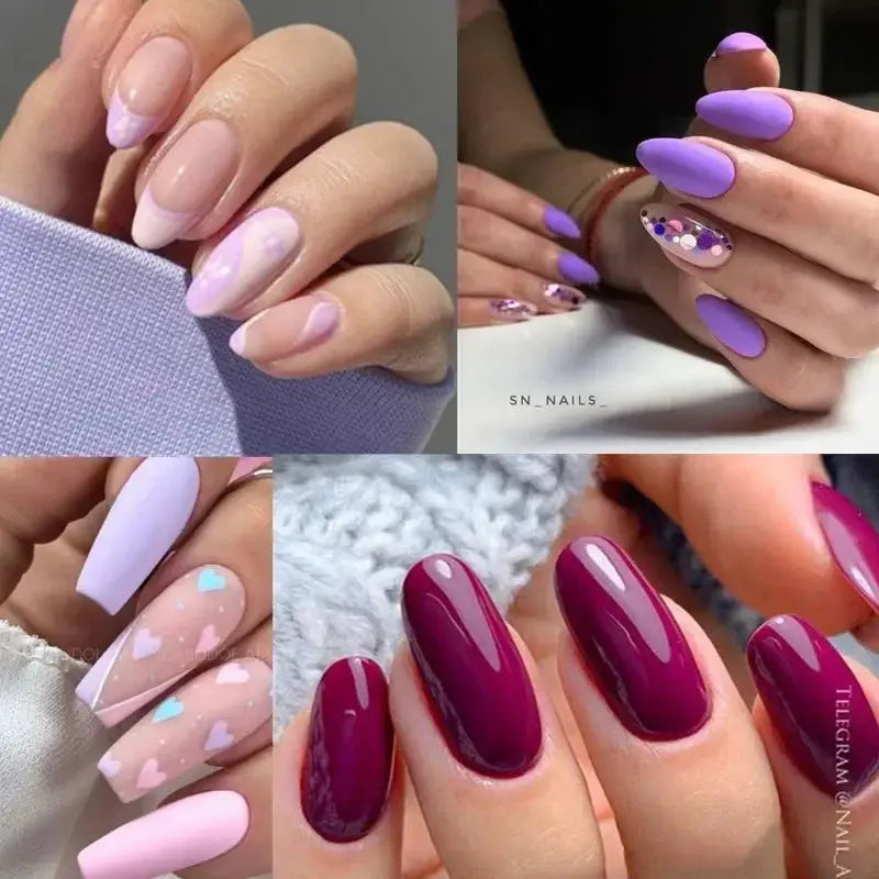 MTSSII 12pc gel nail polish set by Simples Market; nude, pink, red glitter shades shown on manicured nails.
