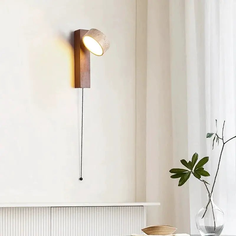 Bedside wall lamp in walnut wood finish with pull chain and rotatable LED light