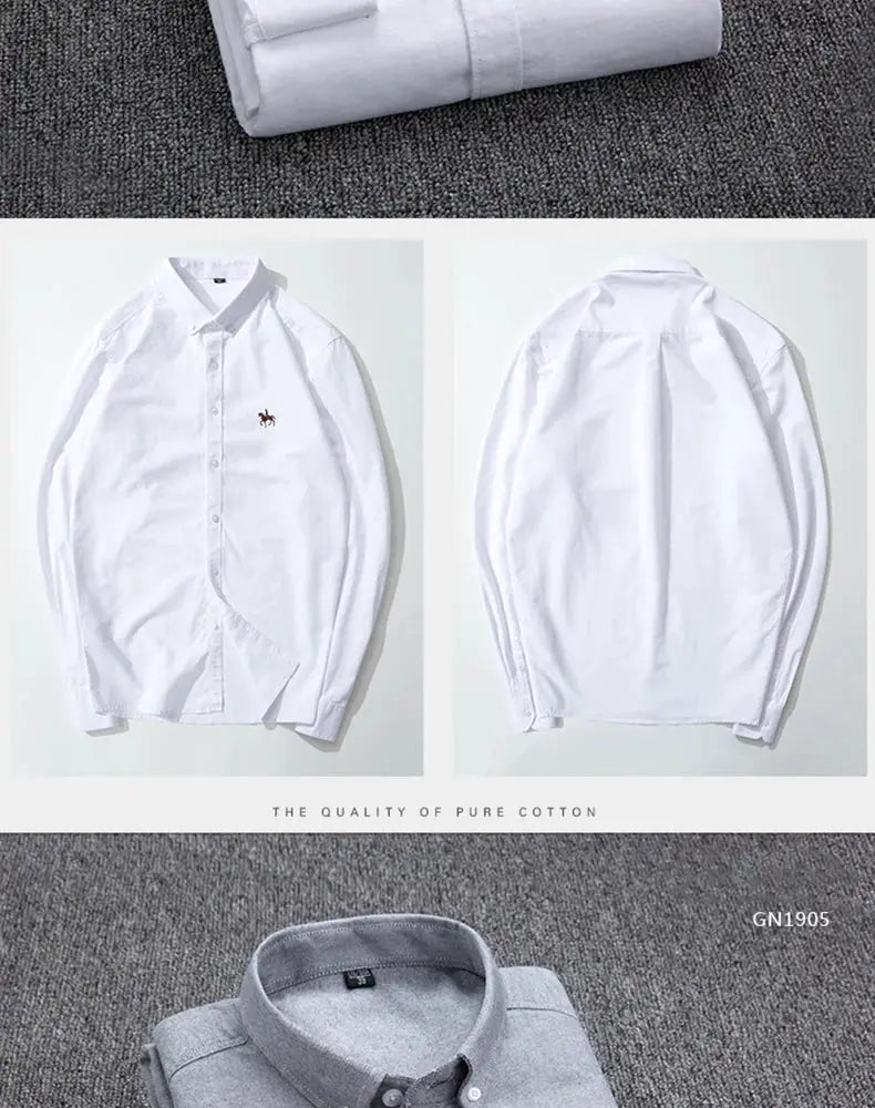 Simples Market men's white cotton Oxford shirt with horse embroidery, long sleeves, regular fit.