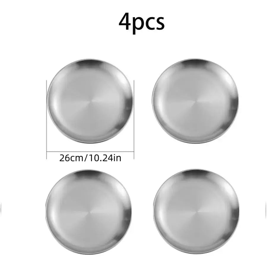 4 Piece Stainless Steel Plates Korean Style Grilled Meat Circular Trays Household Dinnerware Set