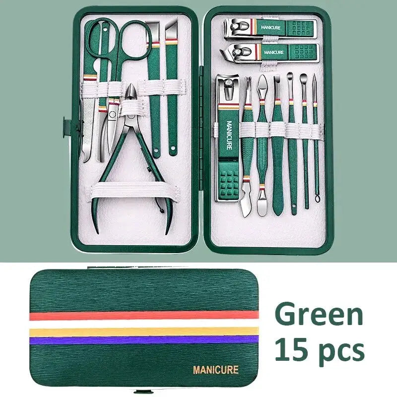 Simples Market green 15-piece stainless steel manicure set in folding metal case with nail clippers and scissors