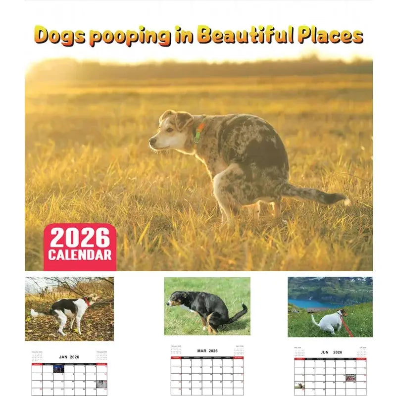 Simples Market 2026 Pooping Dog Calendar, dog-themed wall calendar with four photo thumbnails and monthly grids