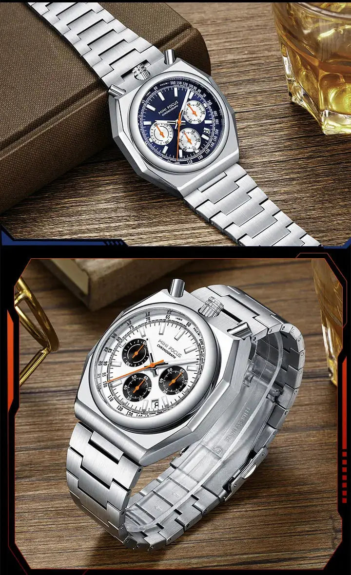 MINI FOCUS chronograph men's watch with stainless steel bracelet; blue and white dials shown