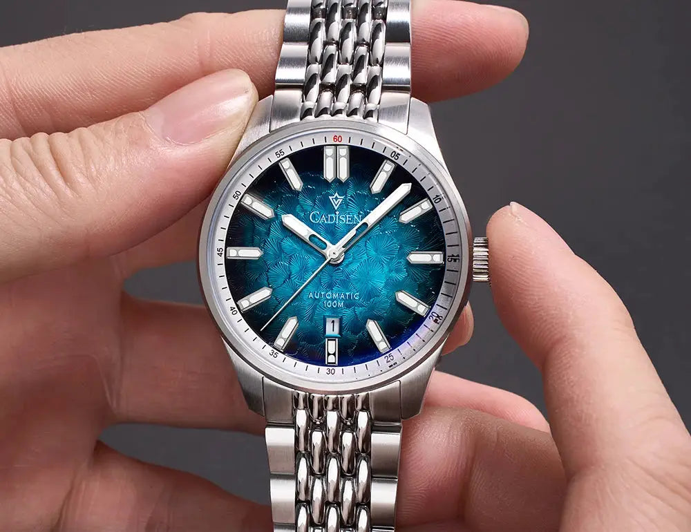CADISEN automatic mechanical men's watch with blue dial and stainless steel bracelet, 10ATM waterproof
