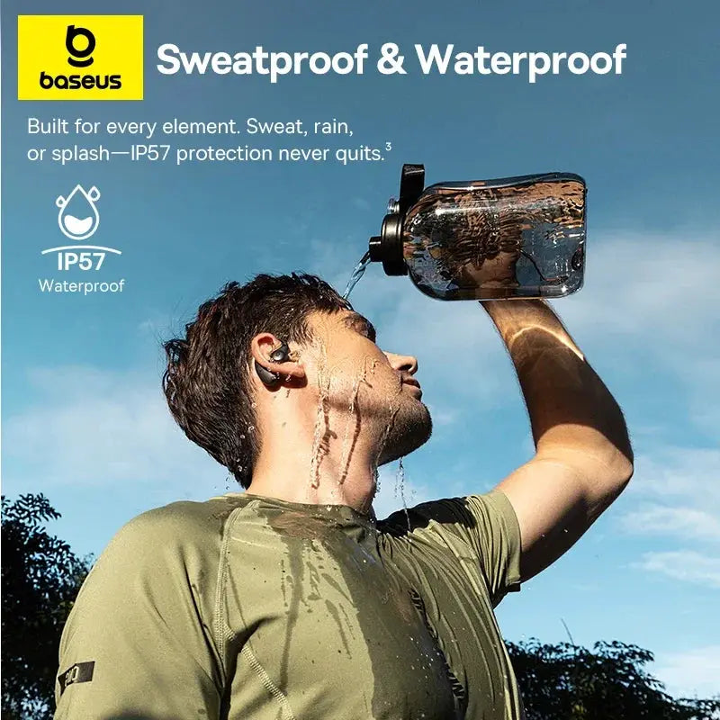Baseus Eli Sport 2 open-ear wireless earbuds; black, worn by man, sweatproof and waterproof.