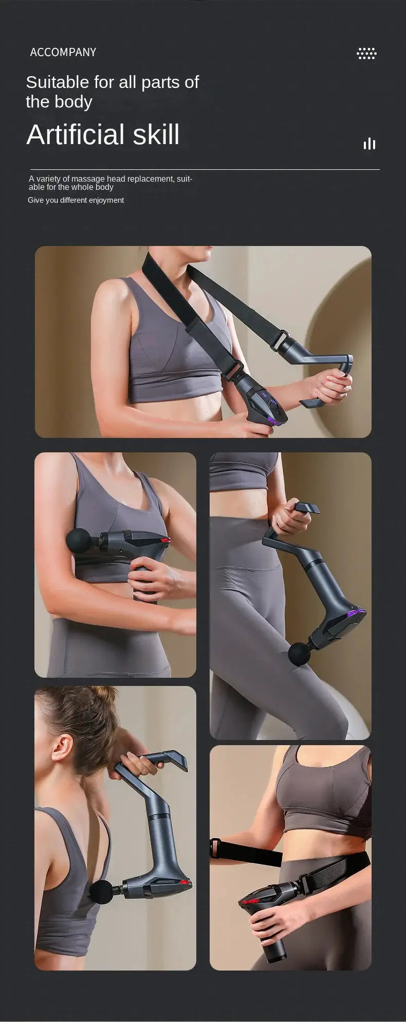 Long-handle electric massage gun with multiple heads for full-body muscle relief, gray and black.