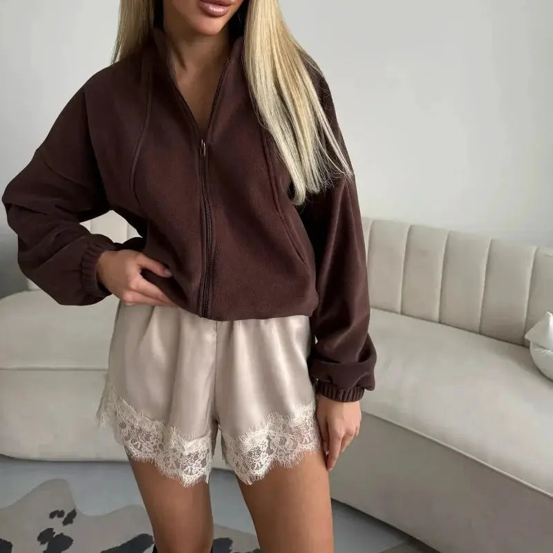 Women satin shorts with lace hem, beige, elastic waist