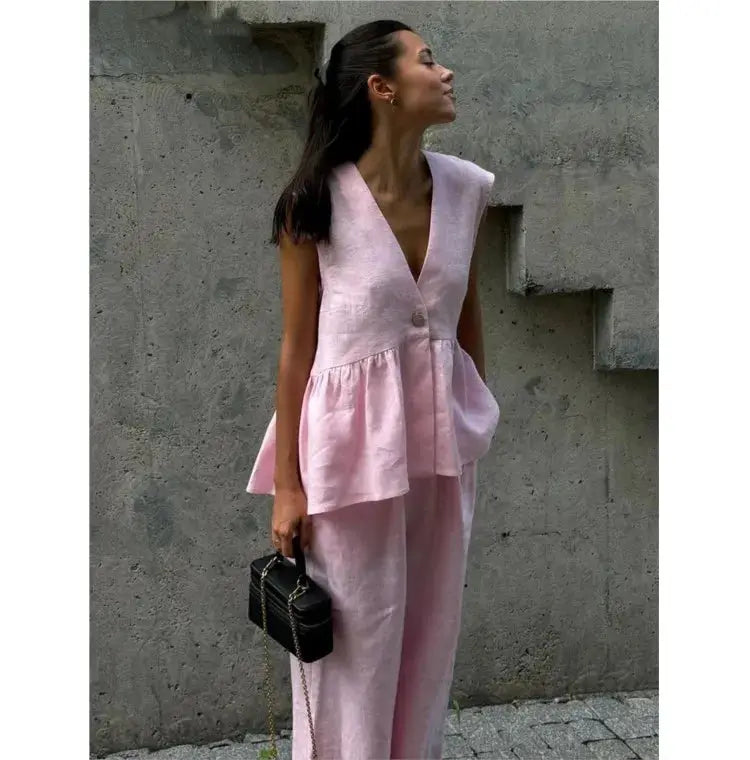 Women Sleeveless V Neck Top Two Piece Summer Set With Straight Pants