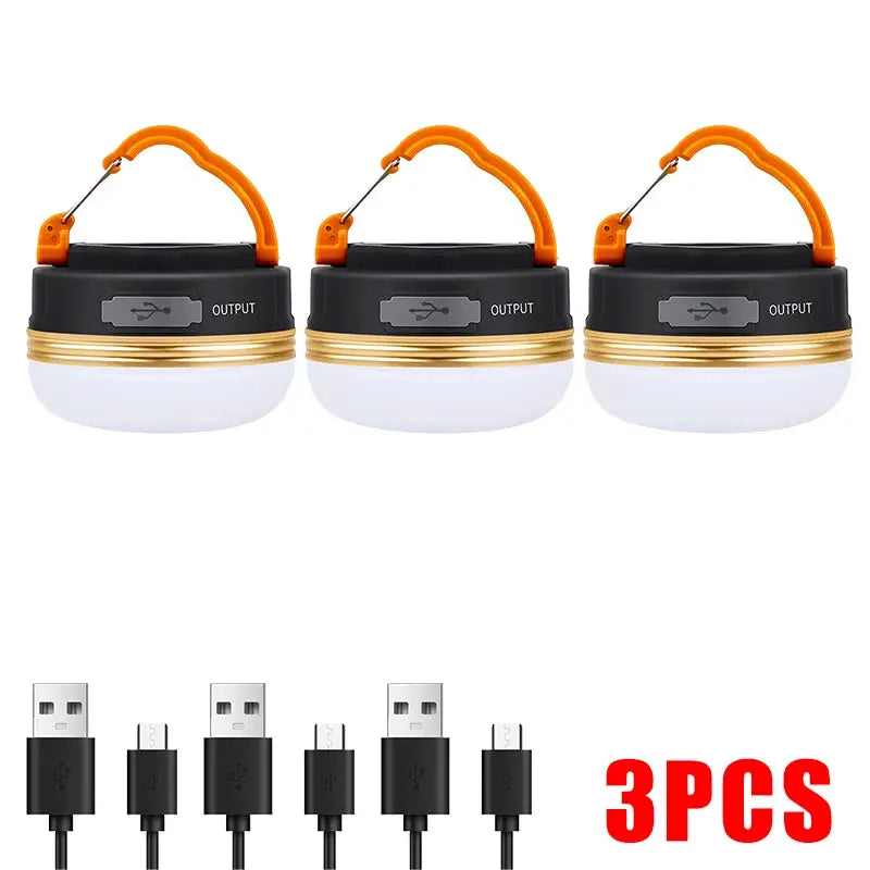 3-pack camping lanterns with orange handles, black tops and white globes, USB rechargeable