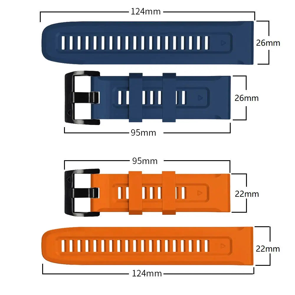 Simples Market QuickFit silicone watch strap pair in blue 26mm and orange 22mm for Garmin Epix Gen 2 and Fenix 7 series