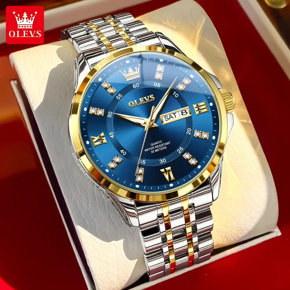 OLEVS 3620 luxury men's quartz watch with blue dial, gold bezel, two-tone stainless steel strap and date window.