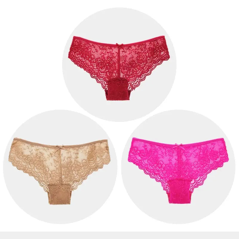 Women lace panties 3-pack in red, nude, and pink; low-rise floral lace Simples Market